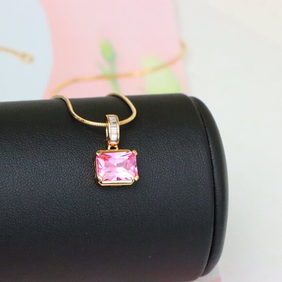 "Chic Pink Emerald Cut Pendant with Baguette Bail in Rose Gold Tone, XPPT1780 - Picture 13 of 13